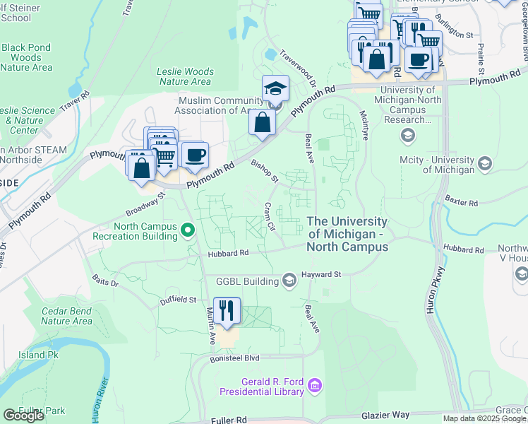 map of restaurants, bars, coffee shops, grocery stores, and more near 2249 Cram Pl in Ann Arbor Charter Township