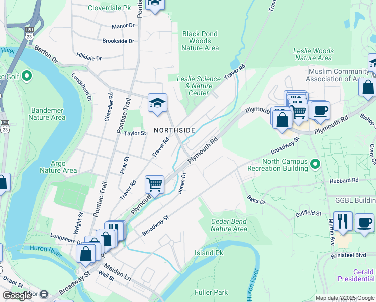 map of restaurants, bars, coffee shops, grocery stores, and more near in Ann Arbor