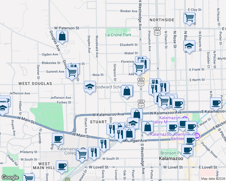 map of restaurants, bars, coffee shops, grocery stores, and more near 609 Elm Street in Kalamazoo