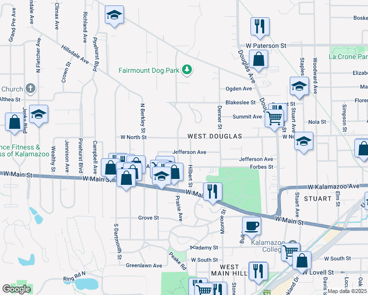 map of restaurants, bars, coffee shops, grocery stores, and more near 1533 West North Street in Kalamazoo