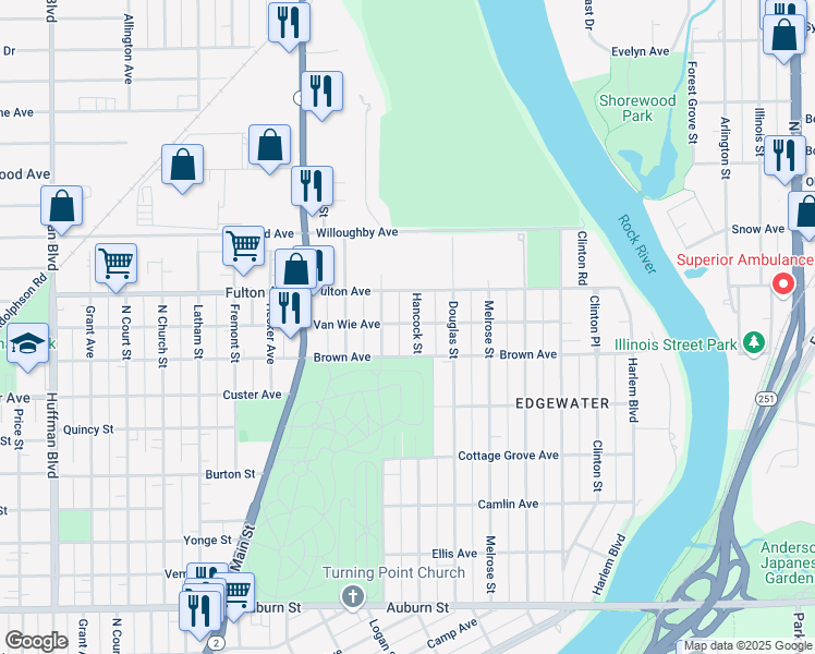map of restaurants, bars, coffee shops, grocery stores, and more near 2304 Hancock Street in Rockford