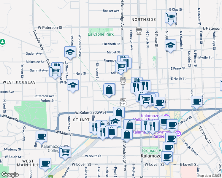 map of restaurants, bars, coffee shops, grocery stores, and more near 608 West Ransom Street in Kalamazoo
