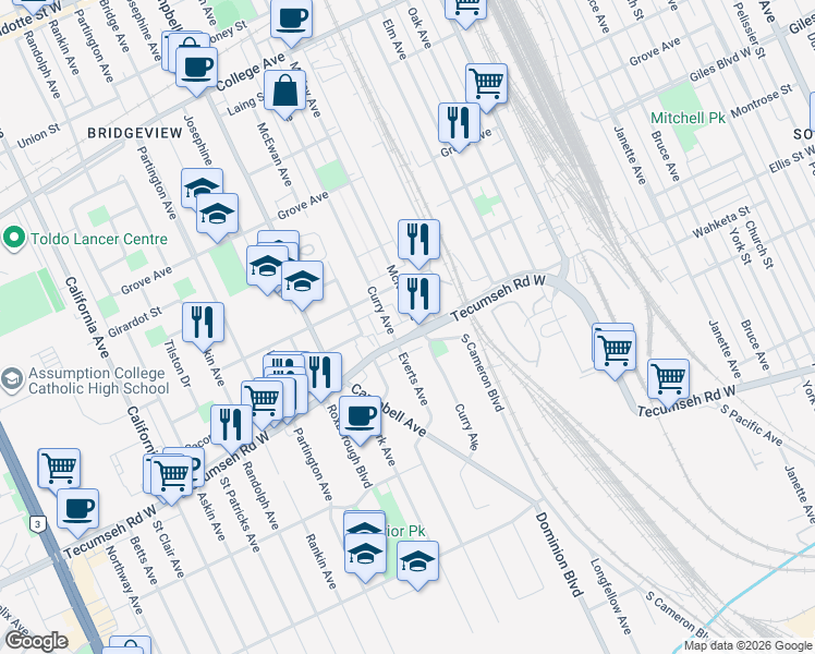 map of restaurants, bars, coffee shops, grocery stores, and more near 1450 Tecumseh Road West in Windsor
