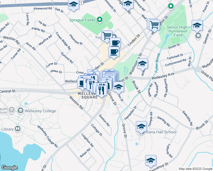 map of restaurants, bars, coffee shops, grocery stores, and more near 3 Grove Street in Wellesley