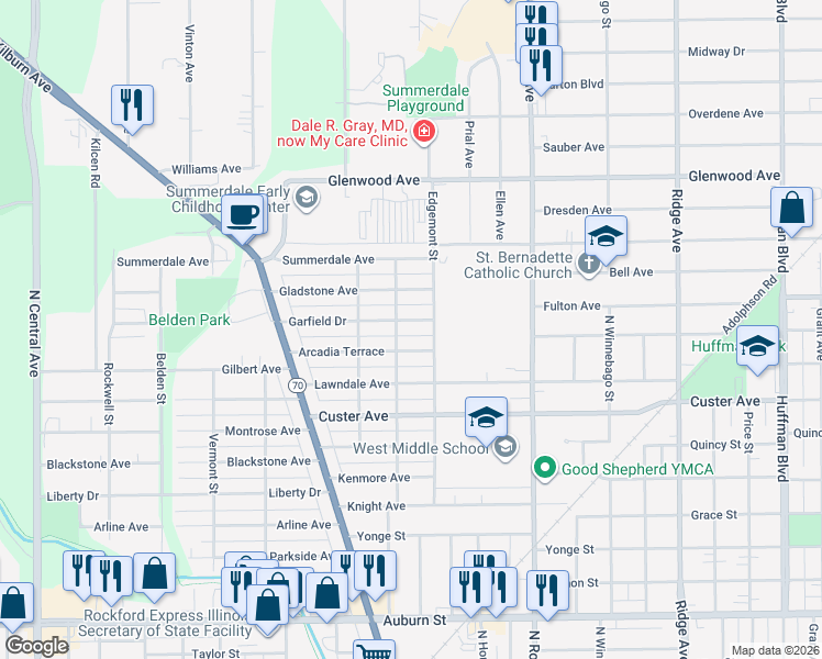 map of restaurants, bars, coffee shops, grocery stores, and more near 2820 Garfield Drive in Rockford