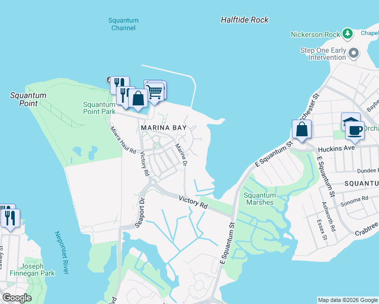 map of restaurants, bars, coffee shops, grocery stores, and more near 25 Harbourside Road in Quincy