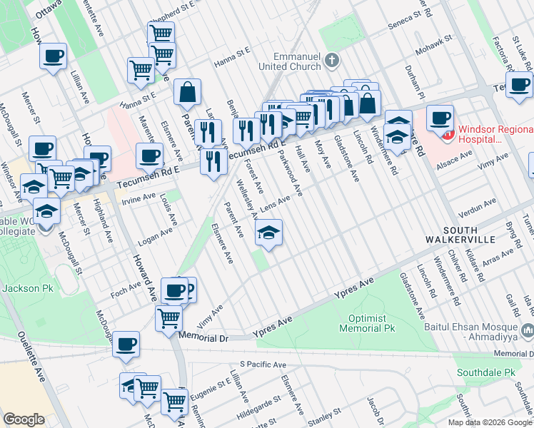 map of restaurants, bars, coffee shops, grocery stores, and more near 2208 Forest Avenue in Windsor