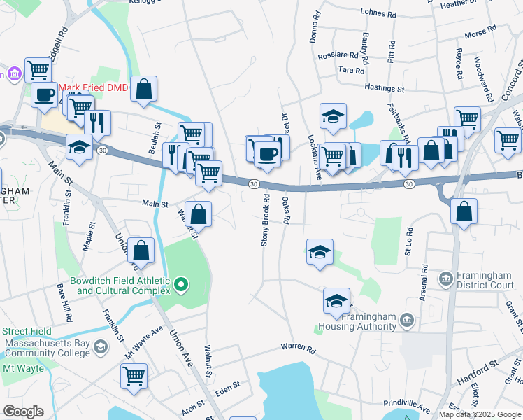 map of restaurants, bars, coffee shops, grocery stores, and more near 27 Stony Brook Road in Framingham