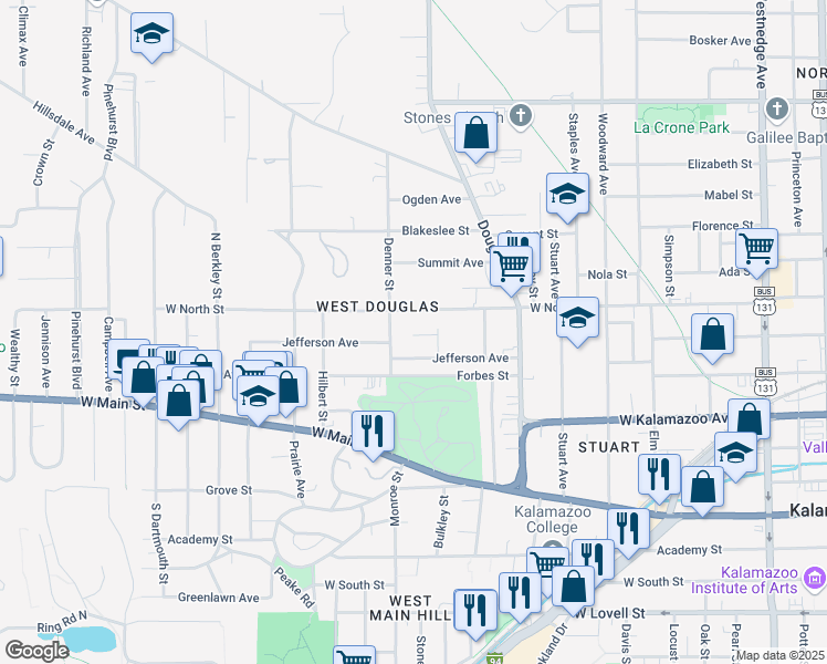 map of restaurants, bars, coffee shops, grocery stores, and more near 1326 Jefferson Court in Kalamazoo
