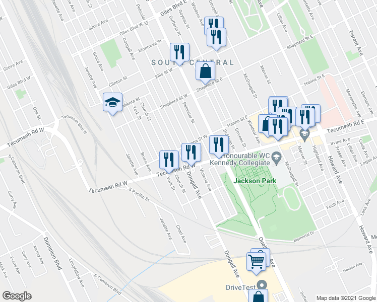 map of restaurants, bars, coffee shops, grocery stores, and more near 1623 Victoria Avenue in Windsor