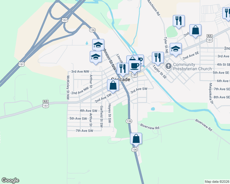 map of restaurants, bars, coffee shops, grocery stores, and more near 198 Grant Street Southwest in Cascade