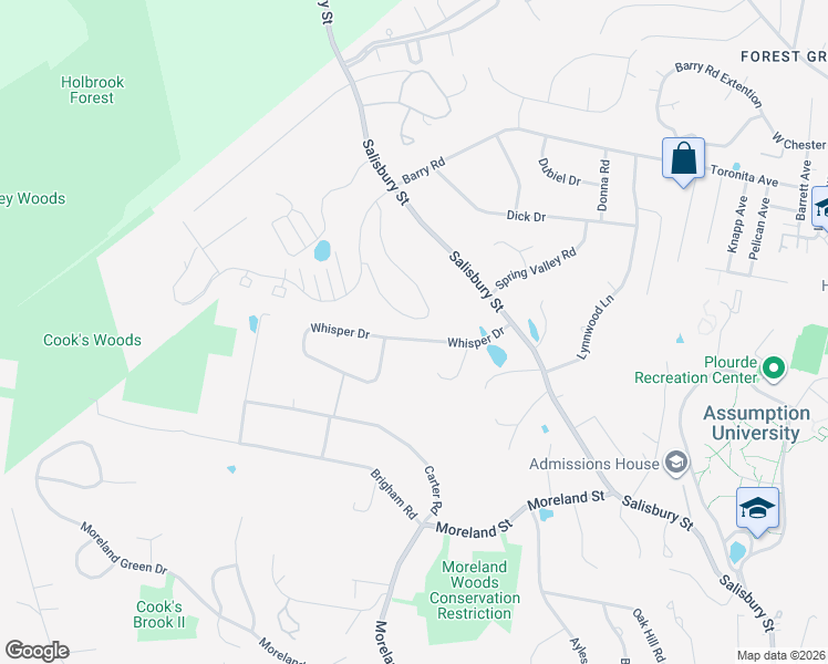 map of restaurants, bars, coffee shops, grocery stores, and more near 18 Whisper Drive in Worcester