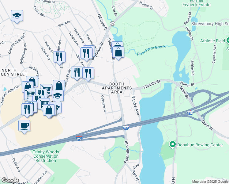 map of restaurants, bars, coffee shops, grocery stores, and more near 655 Plantation Street in Worcester