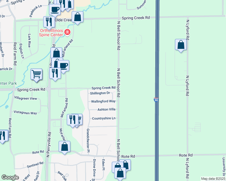 map of restaurants, bars, coffee shops, grocery stores, and more near 7434 Shillington Drive in Rockford