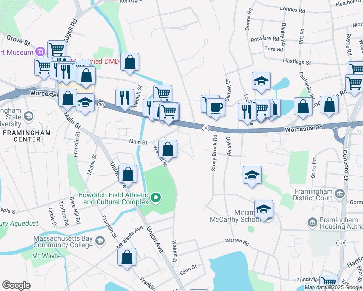 map of restaurants, bars, coffee shops, grocery stores, and more near 25 Georgetown Drive in Framingham
