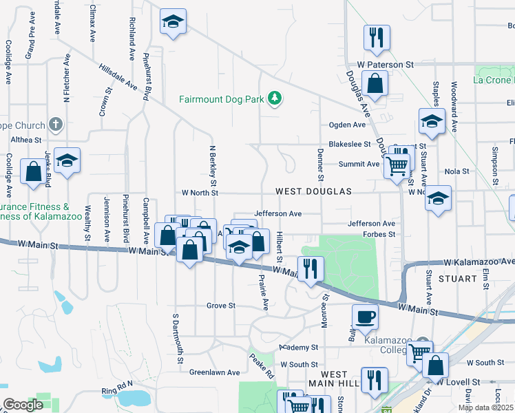 map of restaurants, bars, coffee shops, grocery stores, and more near 1533 West North Street in Kalamazoo
