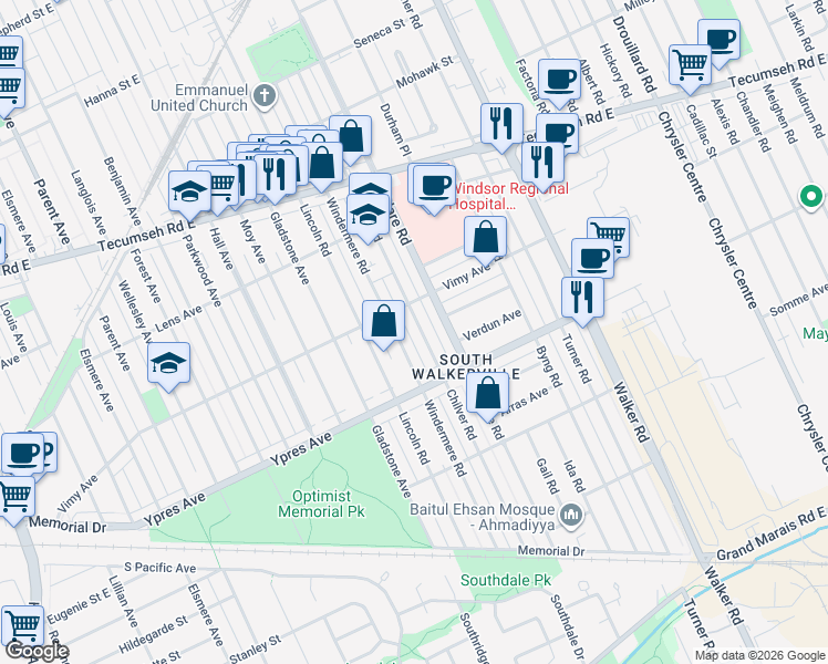 map of restaurants, bars, coffee shops, grocery stores, and more near 2329 Chilver Road in Windsor