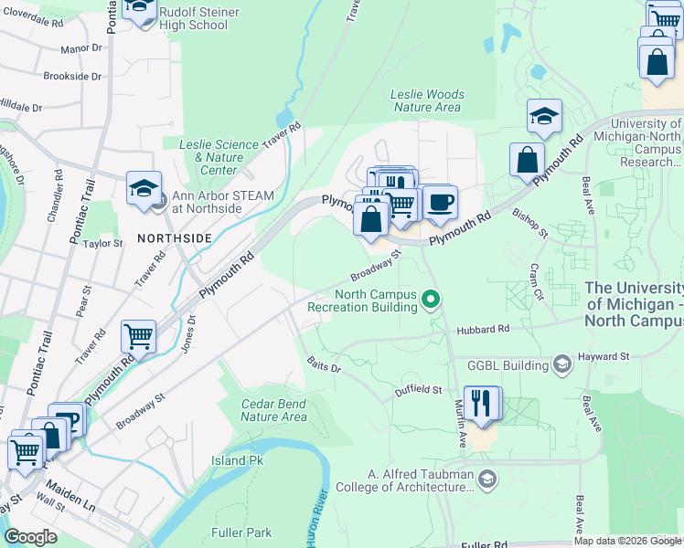 map of restaurants, bars, coffee shops, grocery stores, and more near 1707 Broadway Street in Ann Arbor
