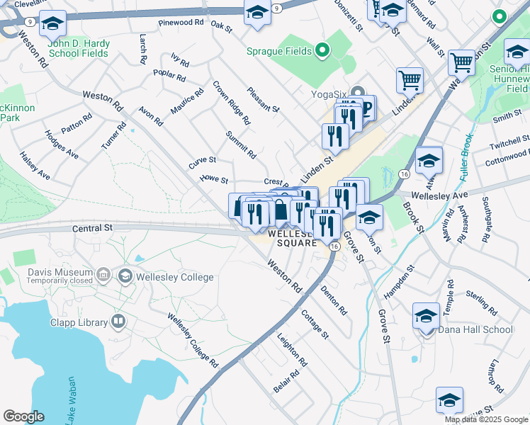 map of restaurants, bars, coffee shops, grocery stores, and more near 37 Linden Street in Wellesley