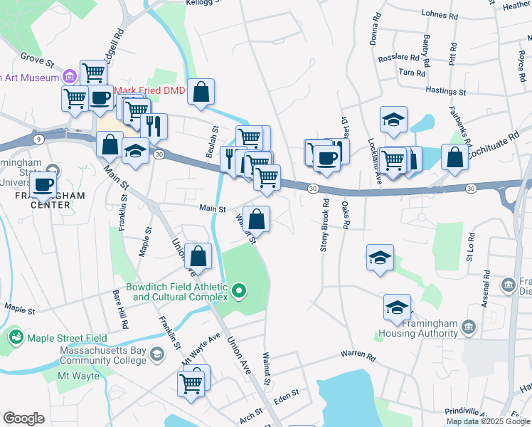 map of restaurants, bars, coffee shops, grocery stores, and more near 15 Georgetown Drive in Framingham