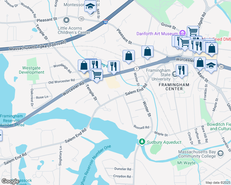 map of restaurants, bars, coffee shops, grocery stores, and more near 173 Salem End Road in Framingham