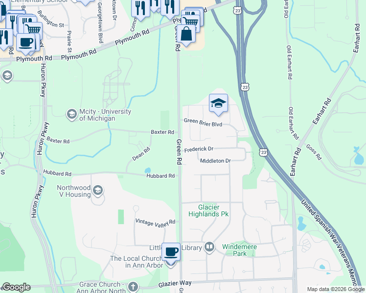 map of restaurants, bars, coffee shops, grocery stores, and more near in Ann Arbor