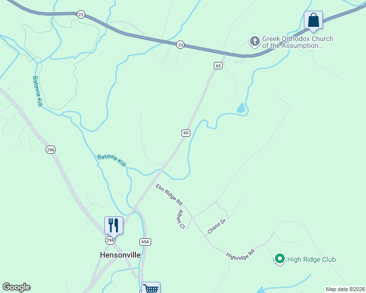 map of restaurants, bars, coffee shops, grocery stores, and more near 182 County Road 65 in Hensonville