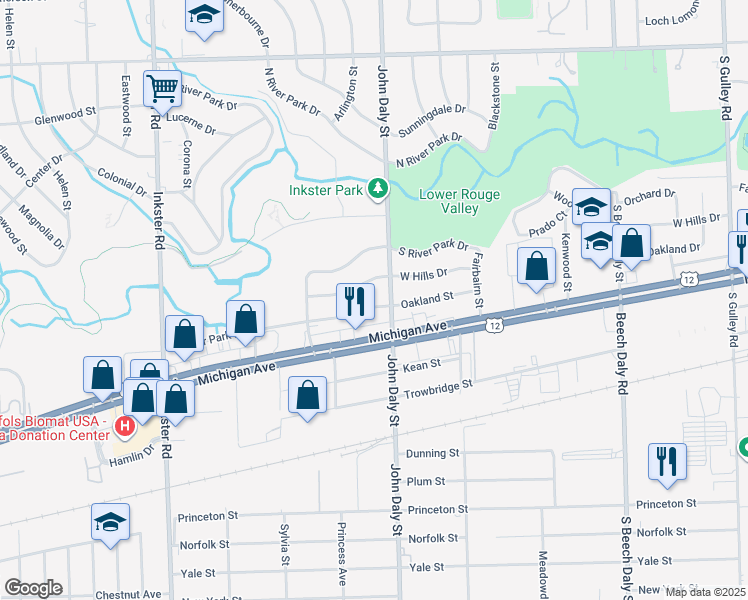 map of restaurants, bars, coffee shops, grocery stores, and more near 26636 Oakland Street in Inkster