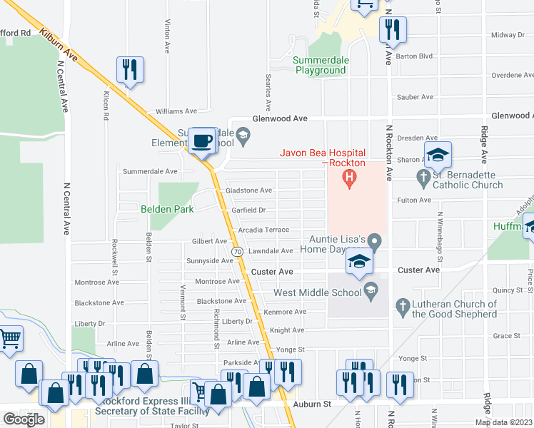 map of restaurants, bars, coffee shops, grocery stores, and more near 3012 Garfield Drive in Rockford