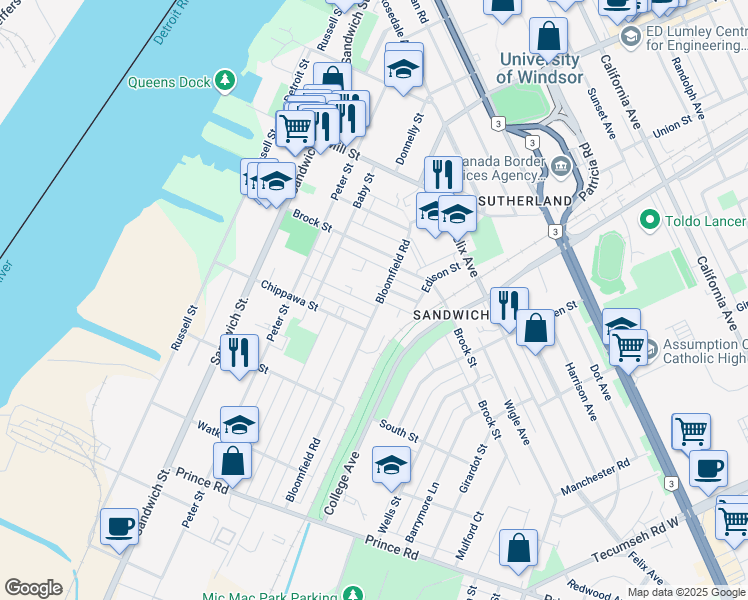 map of restaurants, bars, coffee shops, grocery stores, and more near 692 Saint Joseph Street in Windsor
