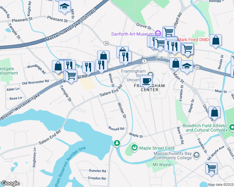 map of restaurants, bars, coffee shops, grocery stores, and more near 82 Winter Street in Framingham