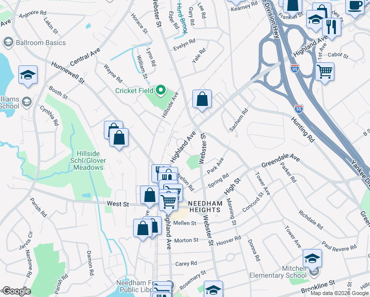 map of restaurants, bars, coffee shops, grocery stores, and more near 740 Highland Avenue in Needham