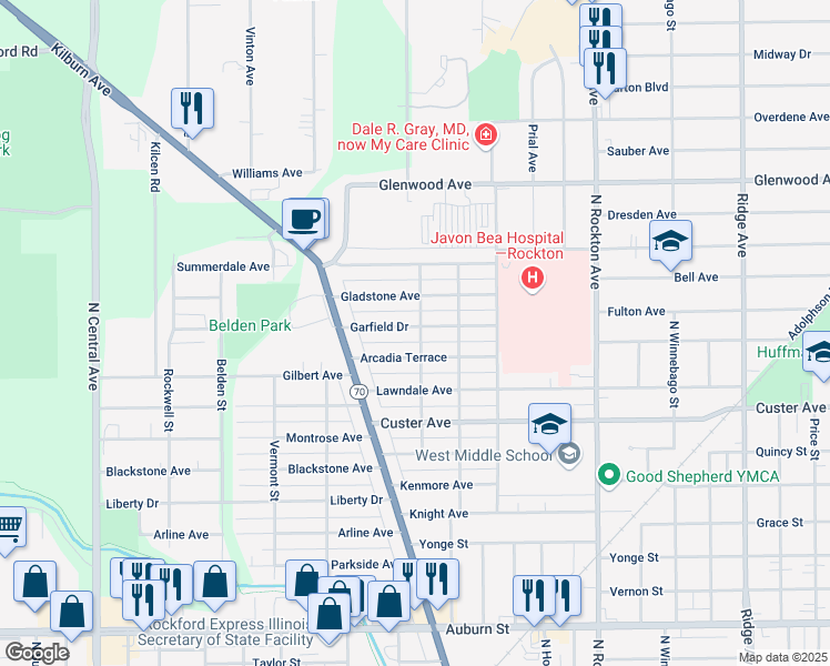 map of restaurants, bars, coffee shops, grocery stores, and more near 3004 Garfield Drive in Rockford