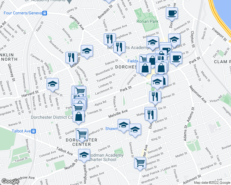 map of restaurants, bars, coffee shops, grocery stores, and more near Park Street & Waldeck Street in Boston