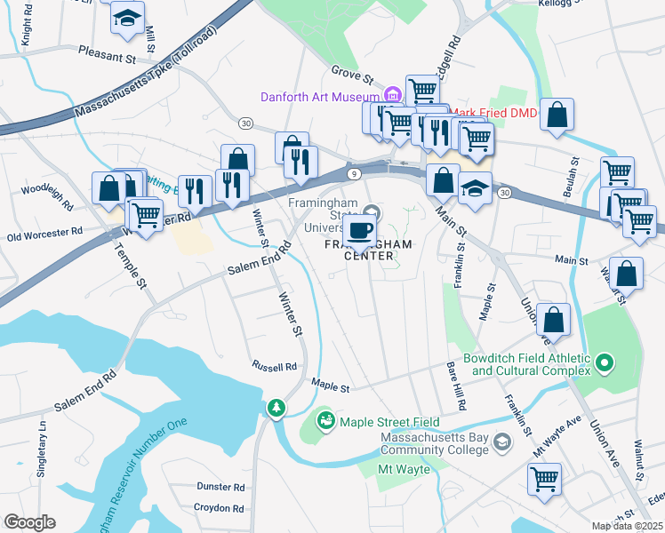 map of restaurants, bars, coffee shops, grocery stores, and more near 5 Mayflower Circle in Framingham