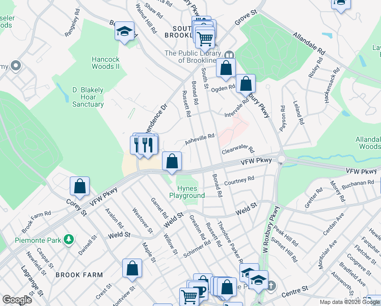 map of restaurants, bars, coffee shops, grocery stores, and more near 93 Asheville Road in Brookline