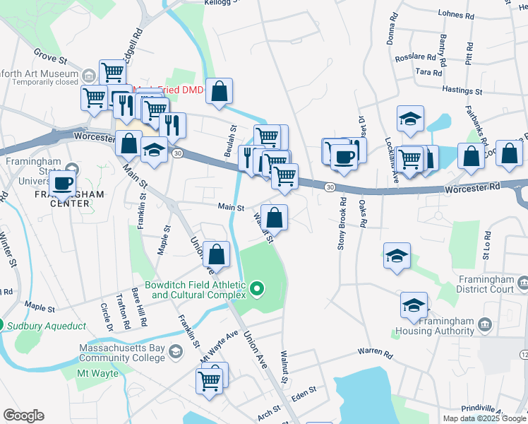 map of restaurants, bars, coffee shops, grocery stores, and more near 235 Walnut Street in Framingham