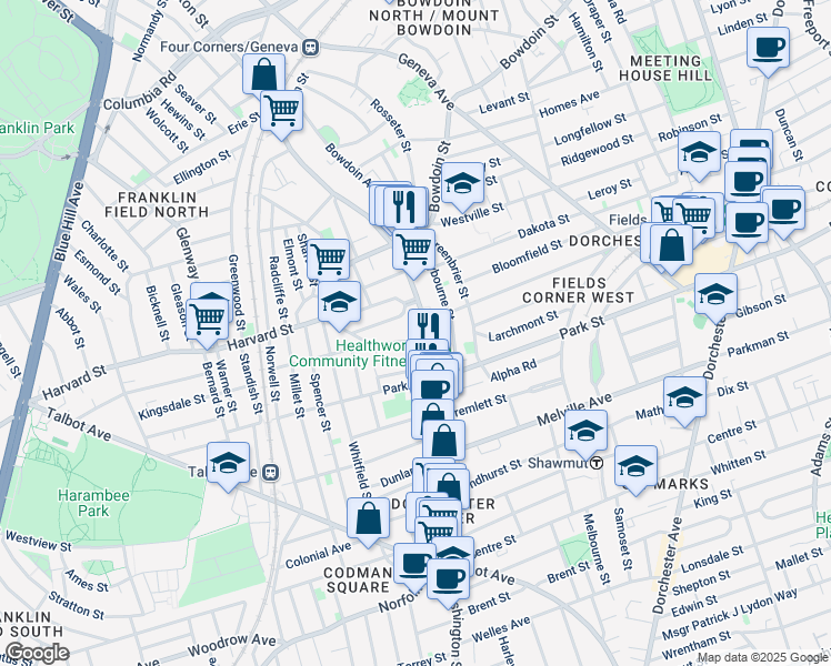 map of restaurants, bars, coffee shops, grocery stores, and more near 419 Washington Street in Boston