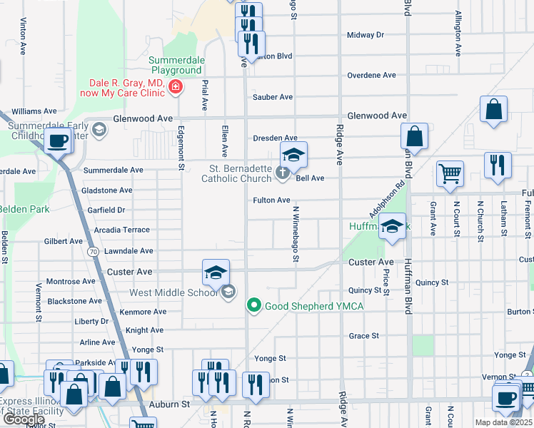 map of restaurants, bars, coffee shops, grocery stores, and more near 2407 Van Wie Avenue in Rockford