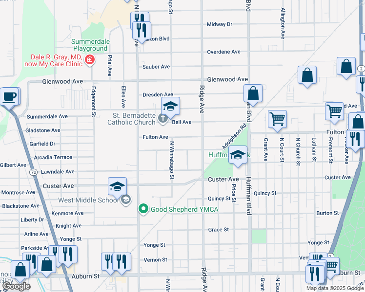 map of restaurants, bars, coffee shops, grocery stores, and more near 2211 Van Wie Avenue in Rockford
