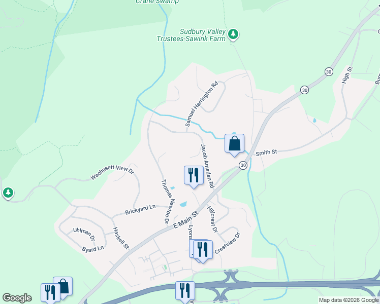 map of restaurants, bars, coffee shops, grocery stores, and more near 15 Jacob Amsden Road in Westborough