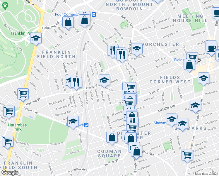 map of restaurants, bars, coffee shops, grocery stores, and more near 56 Bradlee Street in Boston