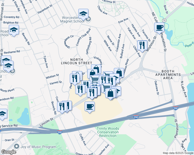 map of restaurants, bars, coffee shops, grocery stores, and more near 10 Country Club Boulevard in Worcester