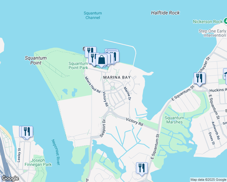 map of restaurants, bars, coffee shops, grocery stores, and more near 19 Tilden Commons Drive in Quincy