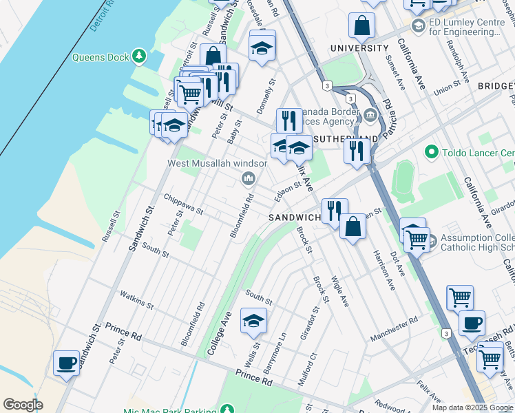 map of restaurants, bars, coffee shops, grocery stores, and more near 733 Saint Antoine Street in Windsor