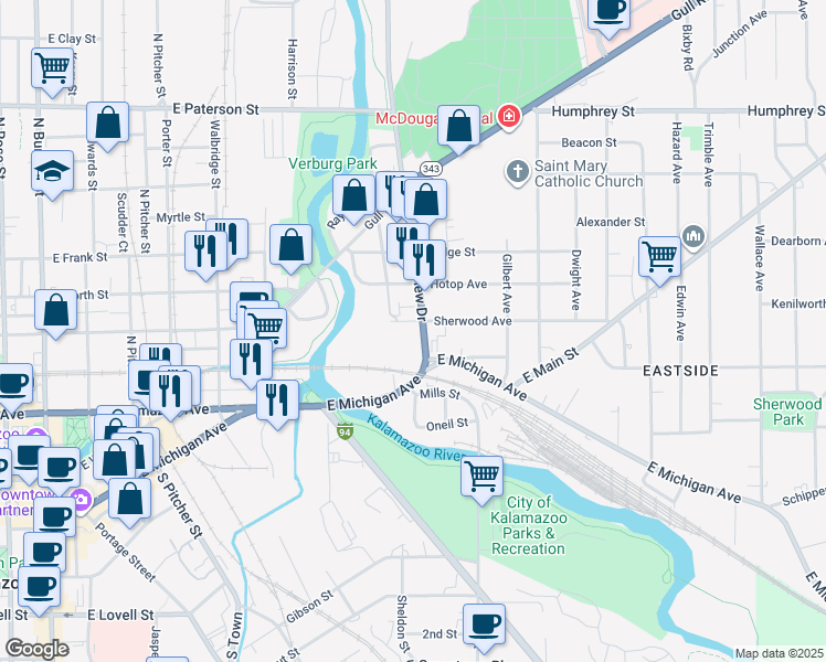 map of restaurants, bars, coffee shops, grocery stores, and more near 525 Riverview Drive in Kalamazoo