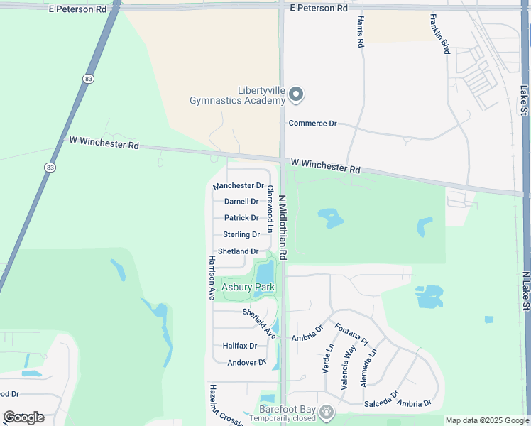 map of restaurants, bars, coffee shops, grocery stores, and more near 1200 Patrick Drive in Mundelein