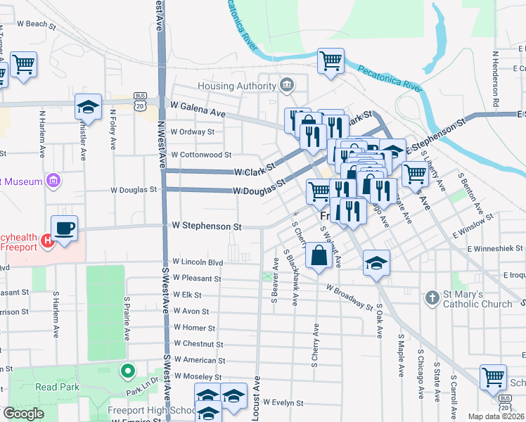 map of restaurants, bars, coffee shops, grocery stores, and more near 440 West Exchange Street in Freeport
