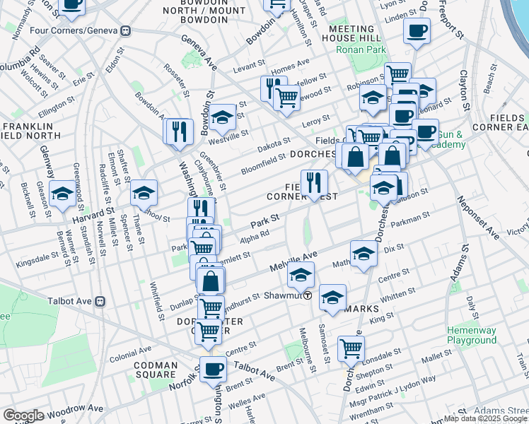map of restaurants, bars, coffee shops, grocery stores, and more near 20 Larchmont Street in Boston