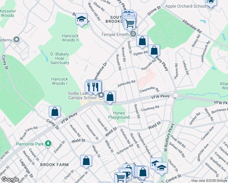 map of restaurants, bars, coffee shops, grocery stores, and more near 93 Asheville Road in Brookline
